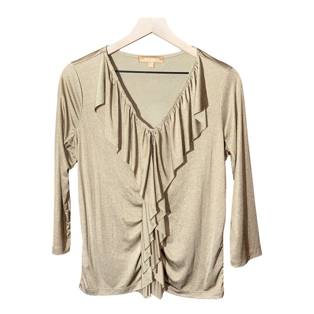 🌟 Ellen Tracy Gold Metallic Shimmer Ruffle V Neck Blouse - Size M 🌟